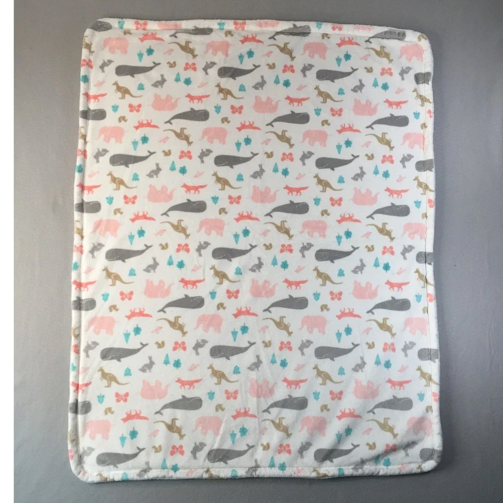 Carters Baby Blanket White Animal Print Elephant Whale Kangaroo Fox Fleece 37x30